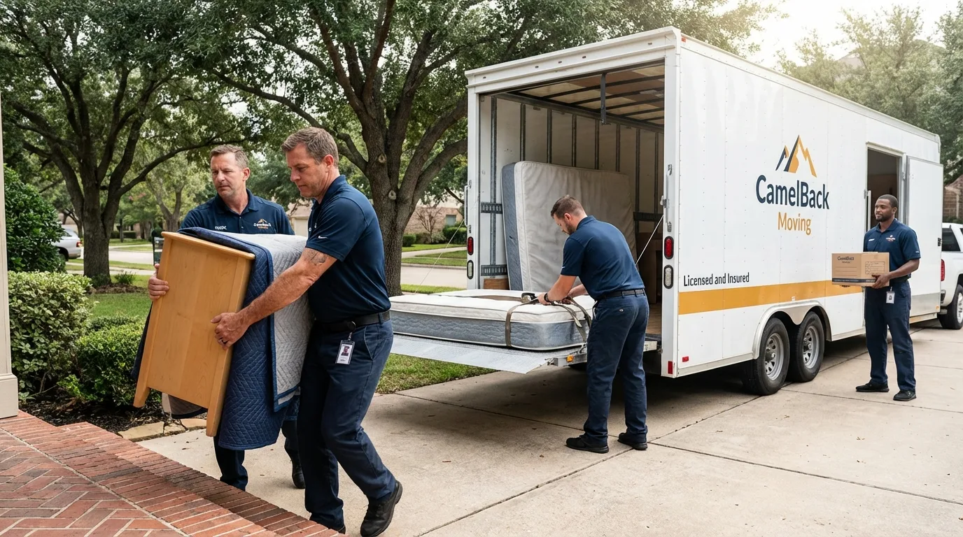 Crew loading residential truck for cross-state move from Calera, OK