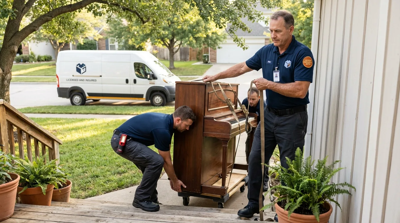 Licensed piano movers securing grand piano in Calera, OK