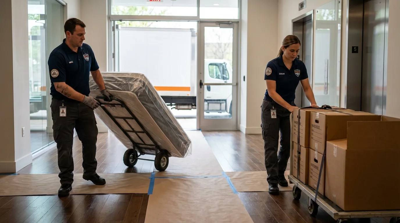 Professional apartment movers loading elevator in Calera, OK