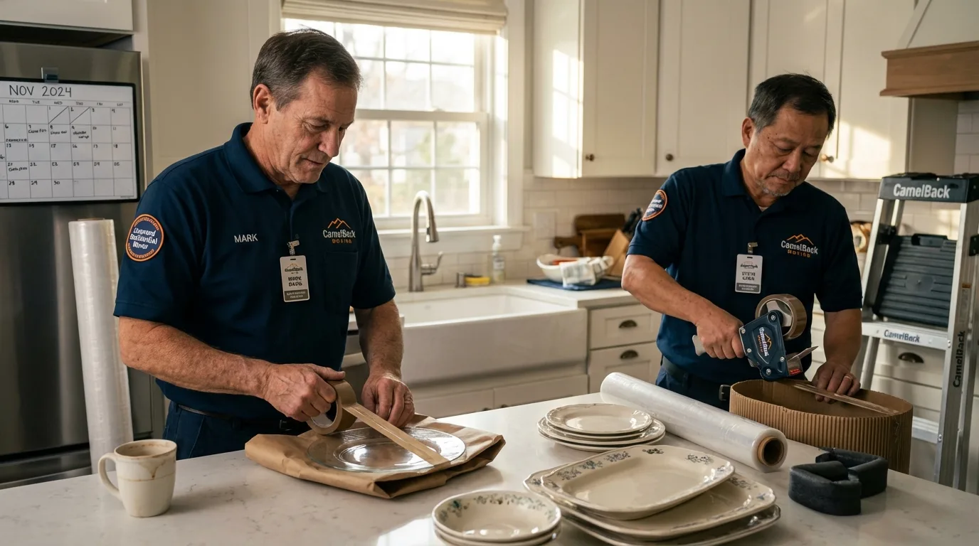 Professional crew packing kitchen dishware in Calera, OK